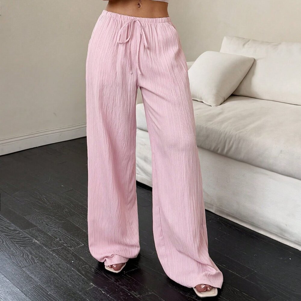 Pink Casual Women's Tied Waist Pocket Wide Leg Pants